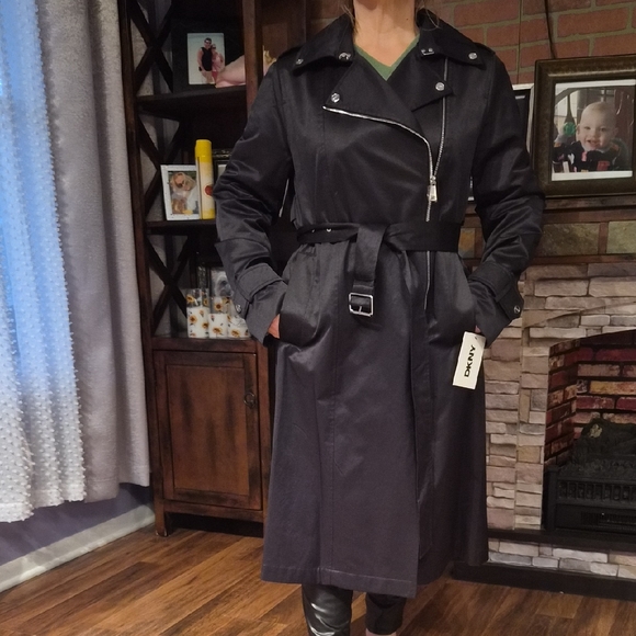 Dkny Jackets & Blazers - NWT DKNY Black Trench Coat with Belted Waist PTP 21,5, LENTH 43